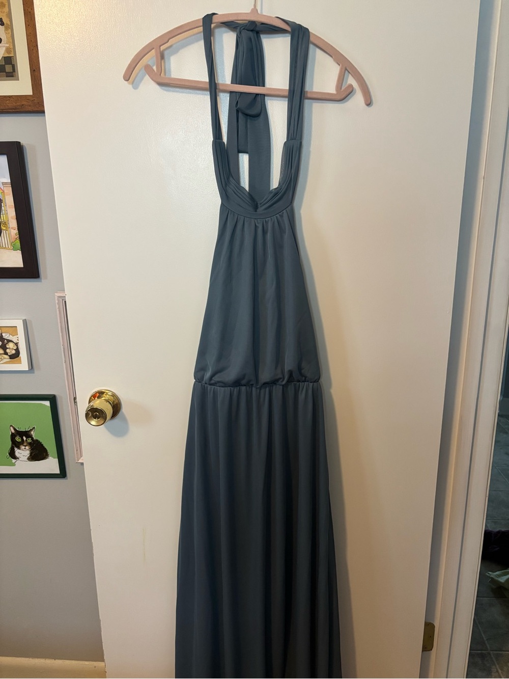 Feminine Bridesmaid Flirty Quiet Luxury Azazie Slate Blue Halter Maxi Dress - Picture 3 of 4